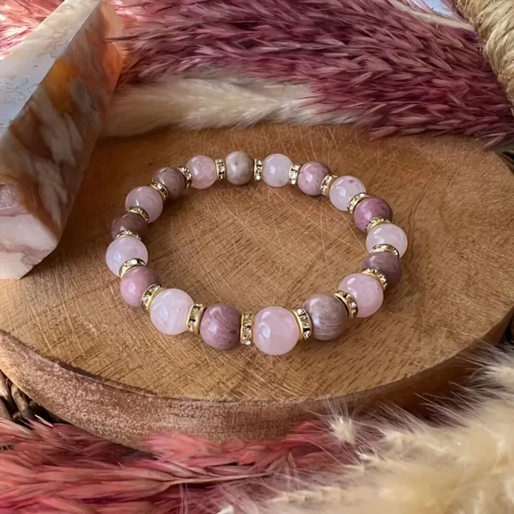 Natural Rose Quartz & Rhodochrosite Beaded Bracelet Gemstone Stretch Crystal New